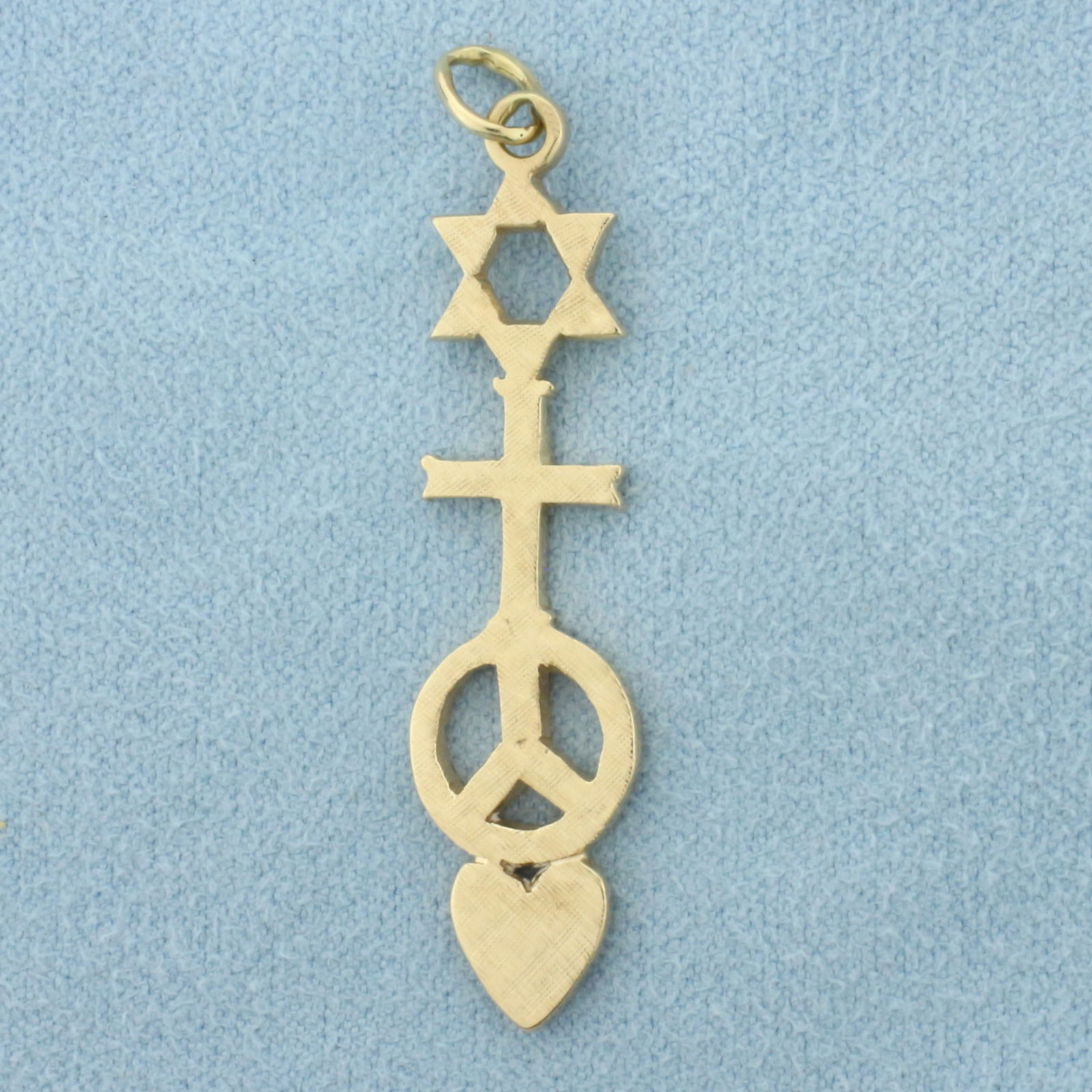 Star of David Cross Peace Sign Heart Pendant in 14k Yellow Gold: In 14k Yellow Gold. 1 3/4 inches long by 3/8 inch wide. 3.1g.