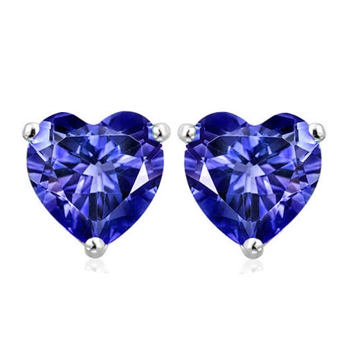 8MM Heart Lab Tanzanite Earrings in Sterling Silver: In platinum over .925 sterling silver basket mountings with friction backs included. Contains 2 heart cut lab created Tanzanite gemstones with excellent color and clarity, approx. 5.4CTW, 8mm each. 2.