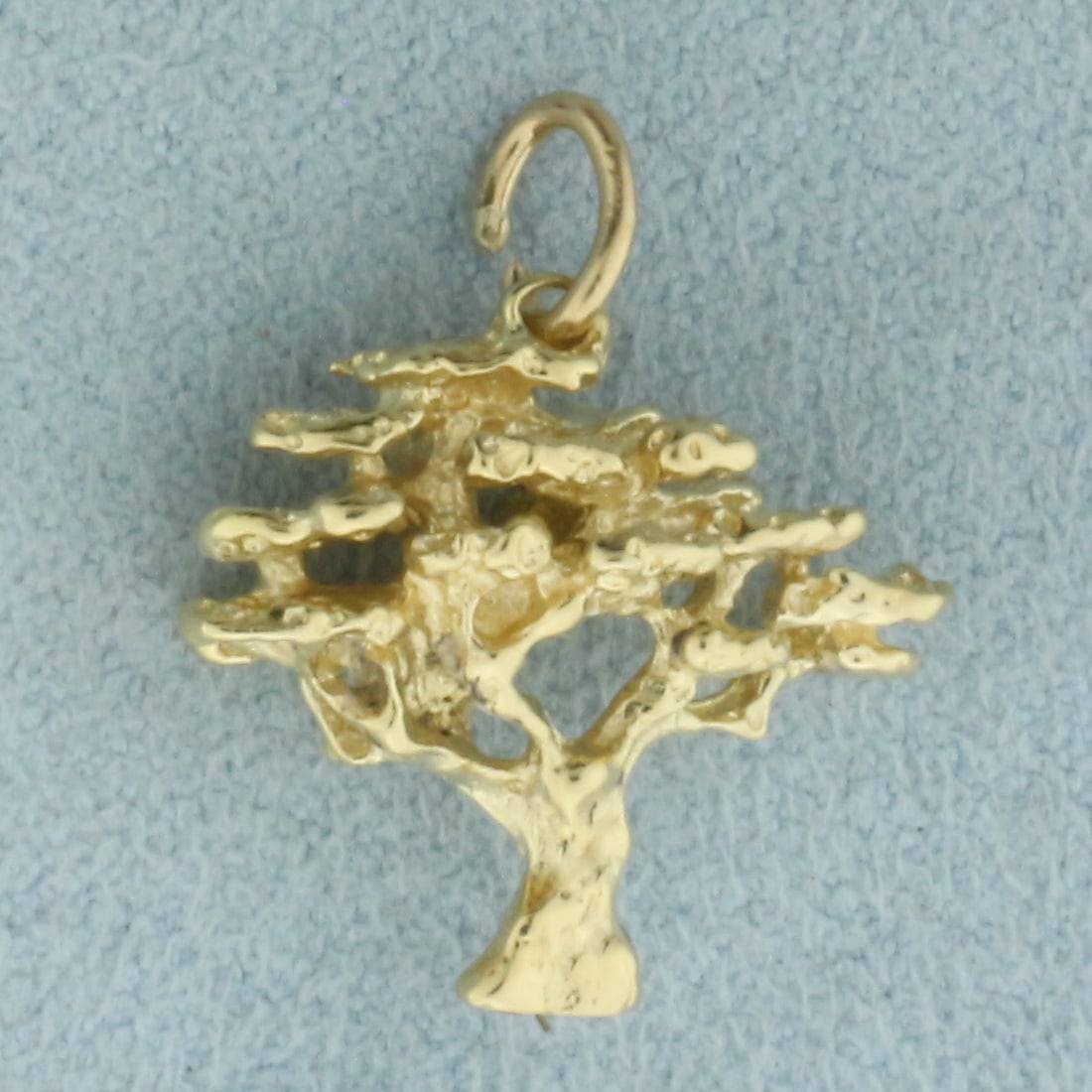 Bonsai Tree Charm or Pendant in 14k Yellow Gold: In 14k Yellow Gold. 3/4 inch long (including jump ring). 5/8 inch wide. 3D Design. 2.8g.