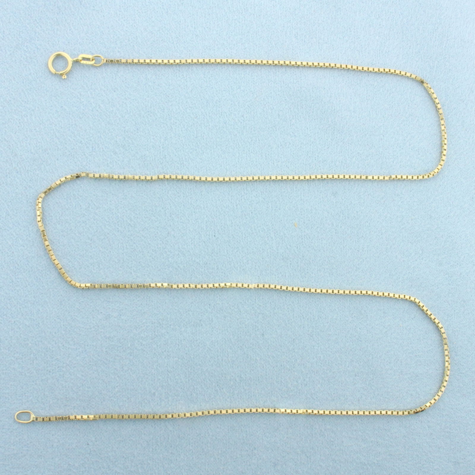 18 Inch Italian Box Link Chain Necklace in 14k Yellow Gold: In 14k Yellow Gold. 18 inches long. 1.1mm wide. Made in Italy. Spring clasp. 4.0g.