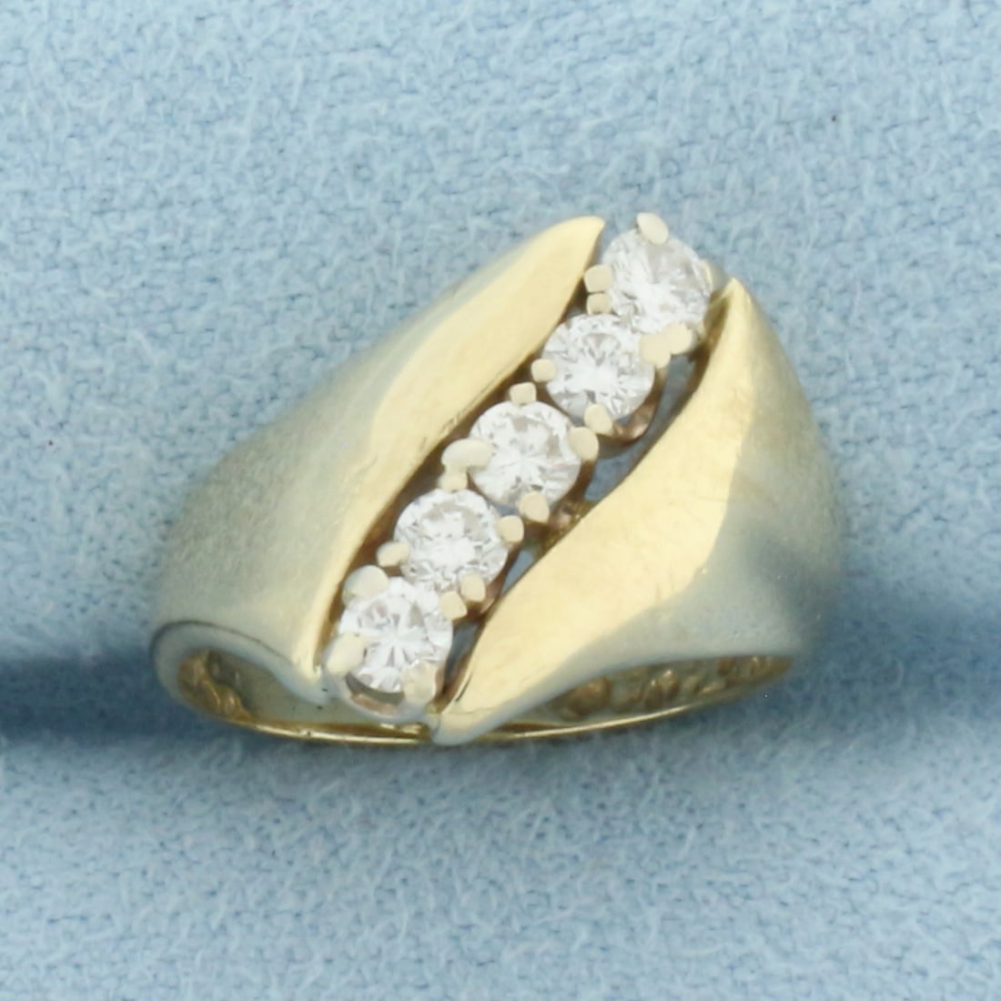 Diagonal Diamond Pinky Ring in 14k Yellow Gold: In 14k Yellow Gold. Contains five high quality diamonds, 1/2ct TW, VS clarity/G color. 13.4mm wide spread at top of ring. Size 2.5. 3.5g.