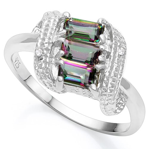 Mystic Topaz and Diamond Scroll Ring in Sterling Silver: In platinum over .925 sterling silver. Contains 3 Mystic Topaz gemstones, 1.5ctw, and 2 genuine diamonds, .01ctw. Size 7. 2.9g