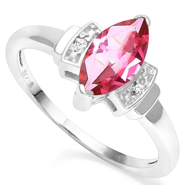 Marquise Red Topaz and Diamond Ring in Sterling Silver: In platinum over .925 sterling silver. Contains one marquise cut red topaz gemstone, .9cts, accented with two genuine diamonds, .01ctw. Size 8. 1.8g