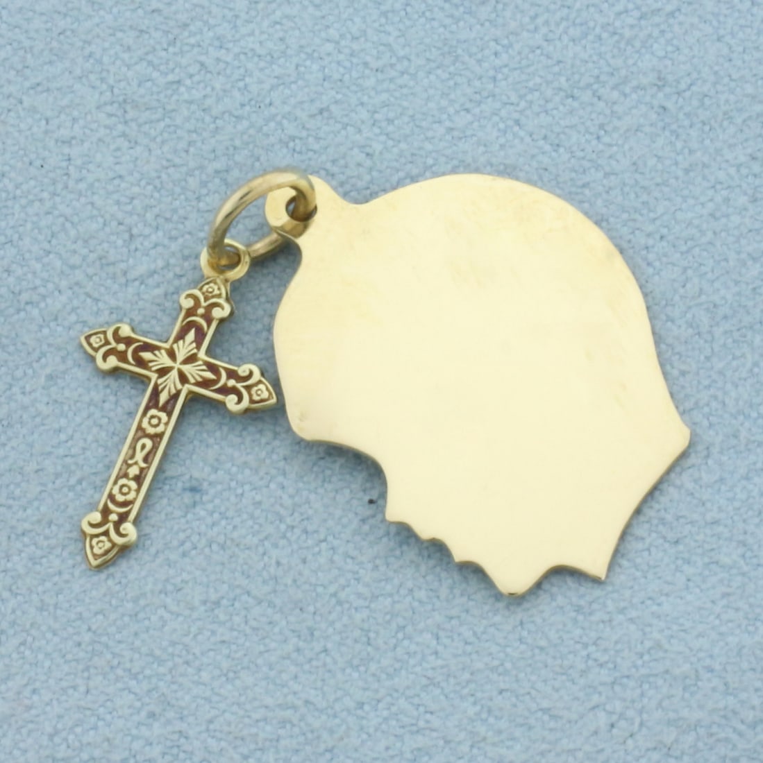 Engravable Boy Silhouette and Cross Charm n 14k Yellow Gold: In 14k Yellow Gold. 1 1/8 inch long. 3/4 inch wide. Engravable on boy's silhouette.