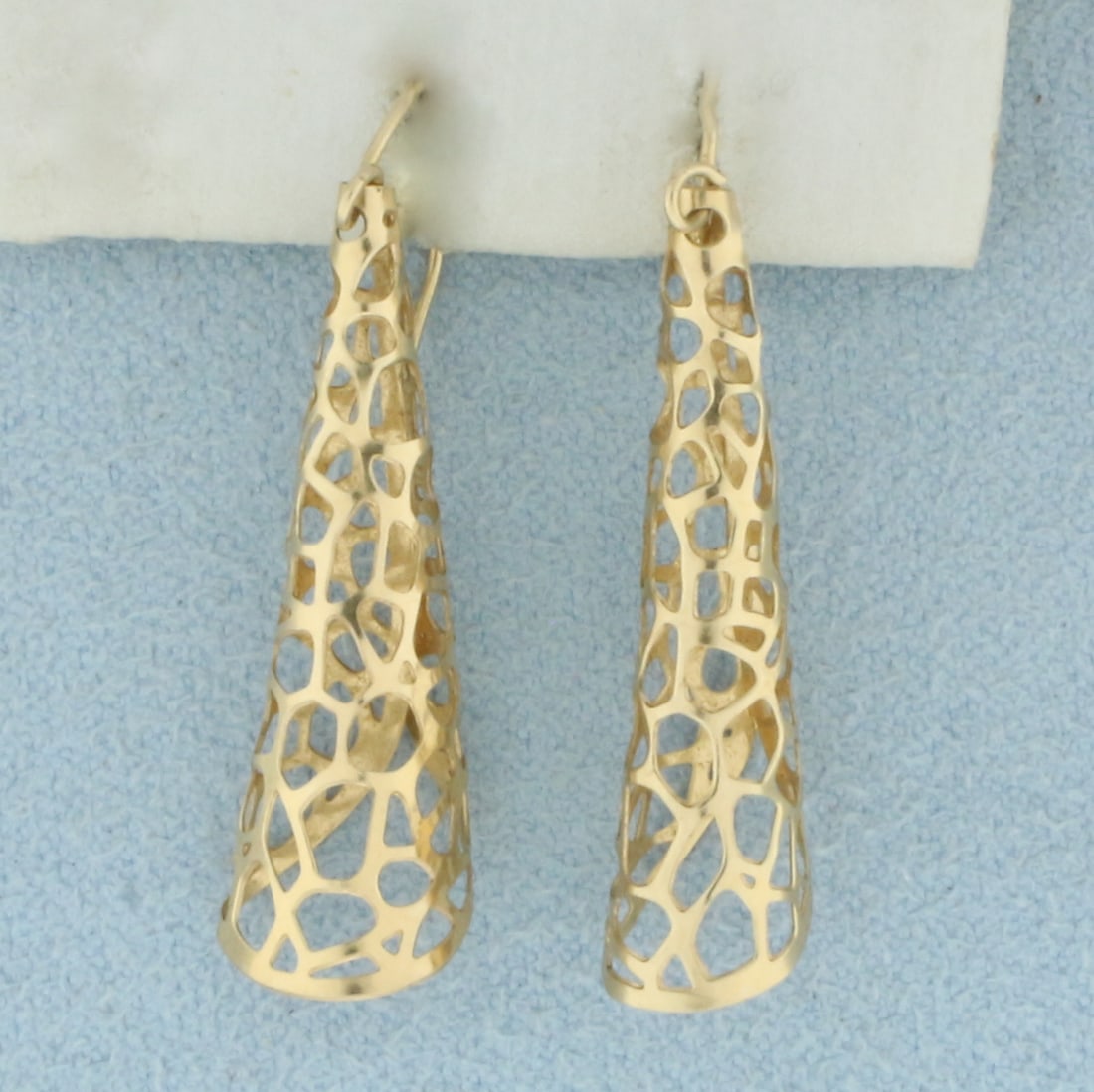 Cone Shaped Filigree Dangle Earrings in 14k Yellow Gold: In 14k Yellow Gold. 1 1 /2 inches long. 1.1g.
