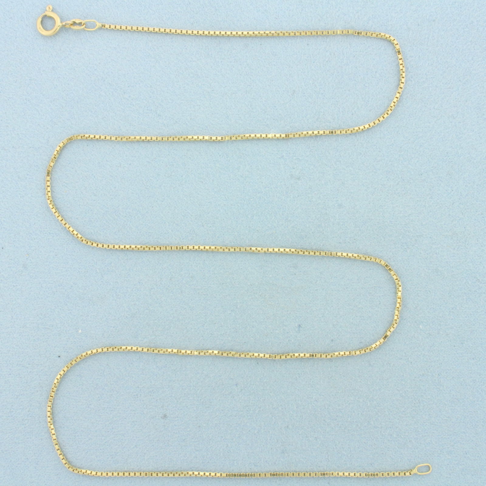 Italian 20 Inch Box Link Chain Necklace in 14k Yellow Gold: In 14k Yellow Gold. 20 inches long. 1.5mm wide. Made in Italy. Box link. Spring clasp. 4.4g.