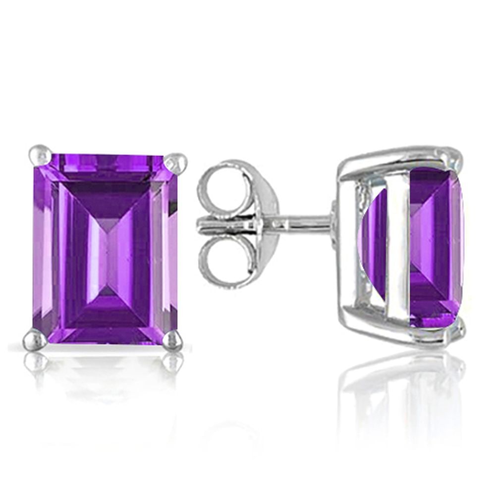 6X4MM Emerald Cut Amethyst 1.2CTW Stud Earrings in Sterling Silver: In platinum over .925 sterling silver basket mountings with friction backs included. Contains 2 emerald cut amethyst gemstones with excellent color and clarity, approx.1.2CTW, 6x4mm each. 1.0g