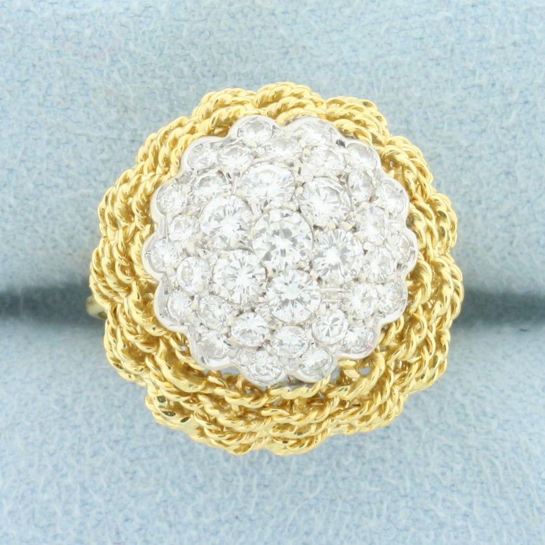 Italian Woven Design Diamond Bombe Ring in 18k Yellow Gold: 18k yellow gold. Italian Made. Contains 35 high quality diamonds, 1.5ct TW, SI1 clarity/G color. Size 6 1/2. 9.3g.