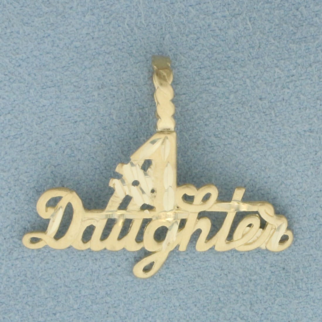 Number One #1 Daughter Pendant in 14k Yellow Gold: In 14k Yellow Gold. 1 inch long (including bale). 1 1/8 inch wide. 1.8g.