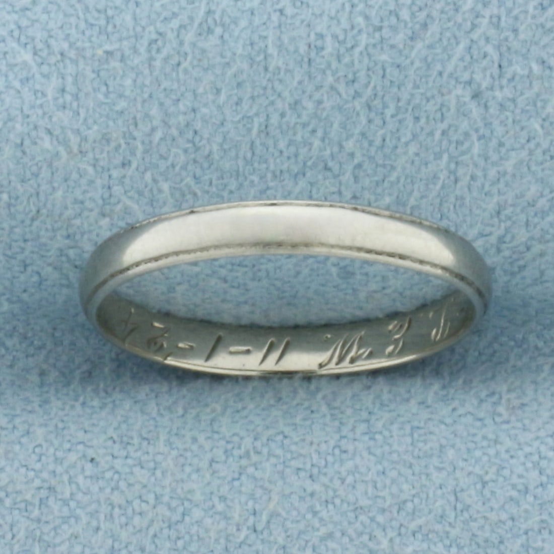 Antique Art Deco Band Ring in 18k White Gold: In 18k White Gold. Hand engraved initials inside "JTK to LEW" and date "11-1-'24". 2.3mm wide. Size 5.25. 1.2g.