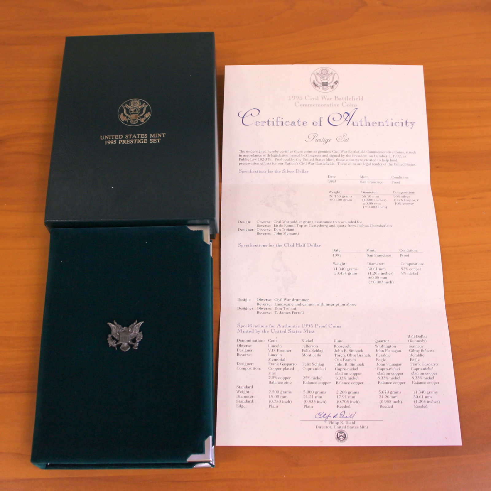 US Mint Civil War Battlefield Prestige Coin Set OGP: 1995 United States Mint Civil War Battlefield Prestige Set with one 1995 90% Silver Commemorative Silver Dollar. Set in original packaging and contains certificate of authenticity.