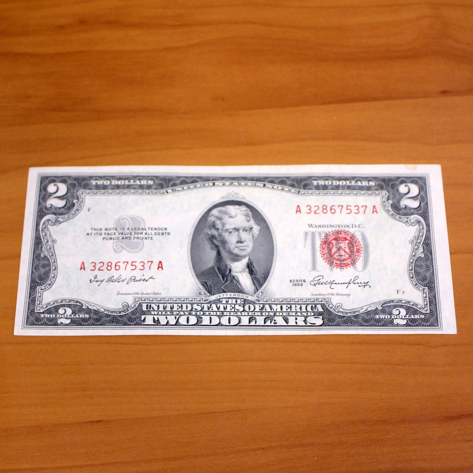 1953 $2 Red Seal Federal Reserve Note Bill Crisp Uncirculated (1 of 2)