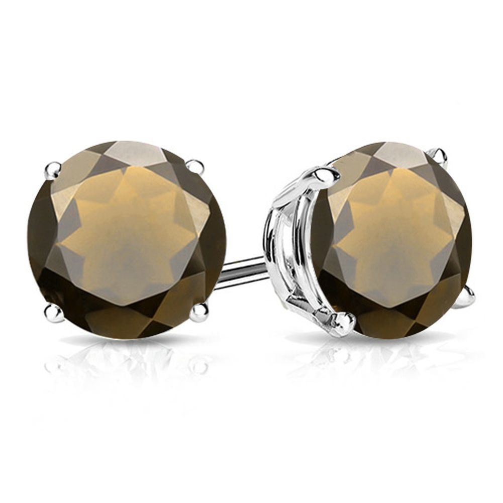 8MM Round Cut Smoky Quartz 3.8CTW Stud Earrings in Sterling Silver: In platinum over .925 sterling silver basket mountings with friction backs included. Contains 2 round cut smoky quartz gemstones with excellent color, approx. 3.8CTW, 8mm each. 2.2g