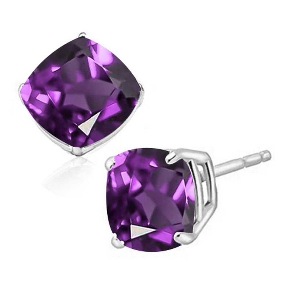 6MM Cushion Cut Amethyst 1.85CTW Stud Earrings in Sterling Silver: In platinum over .925 sterling silver basket mountings with friction backs included. Contains 2 cushion cut amethyst gemstones with light purple color and excellent clarity,approx. 1.85CTW, 6mm each.