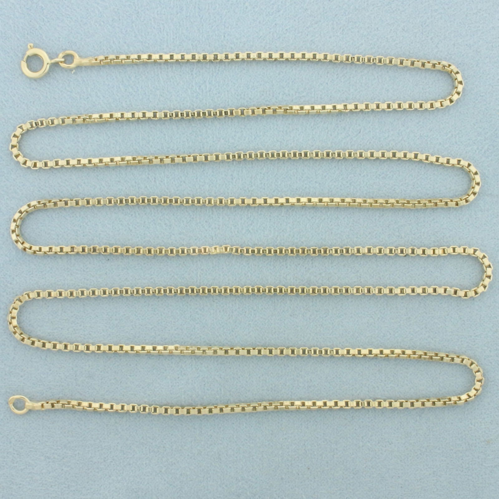 30 Inch Box Link Chain Necklace in 14k Yellow Gold: In 14k yellow gold. 30 inches long, 1.9mm wide. Spring clasp. 14.4g.