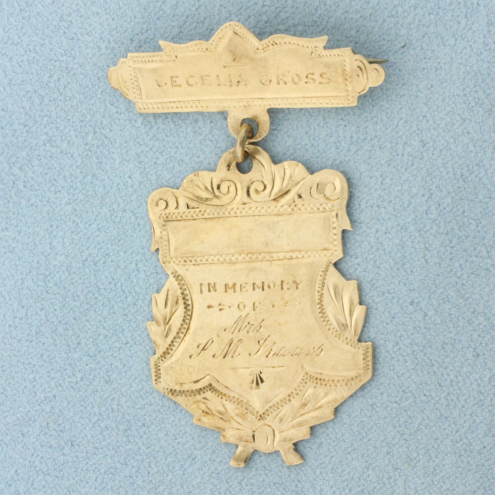 Antique Lambert Brothers Mourning Pin Brooch in 10k Yellow Gold: In 10k Yellow Gold with Rose Undertone. 2 7/8 inches long. 1 1/4 inches wide. Engraved. 4.7g.