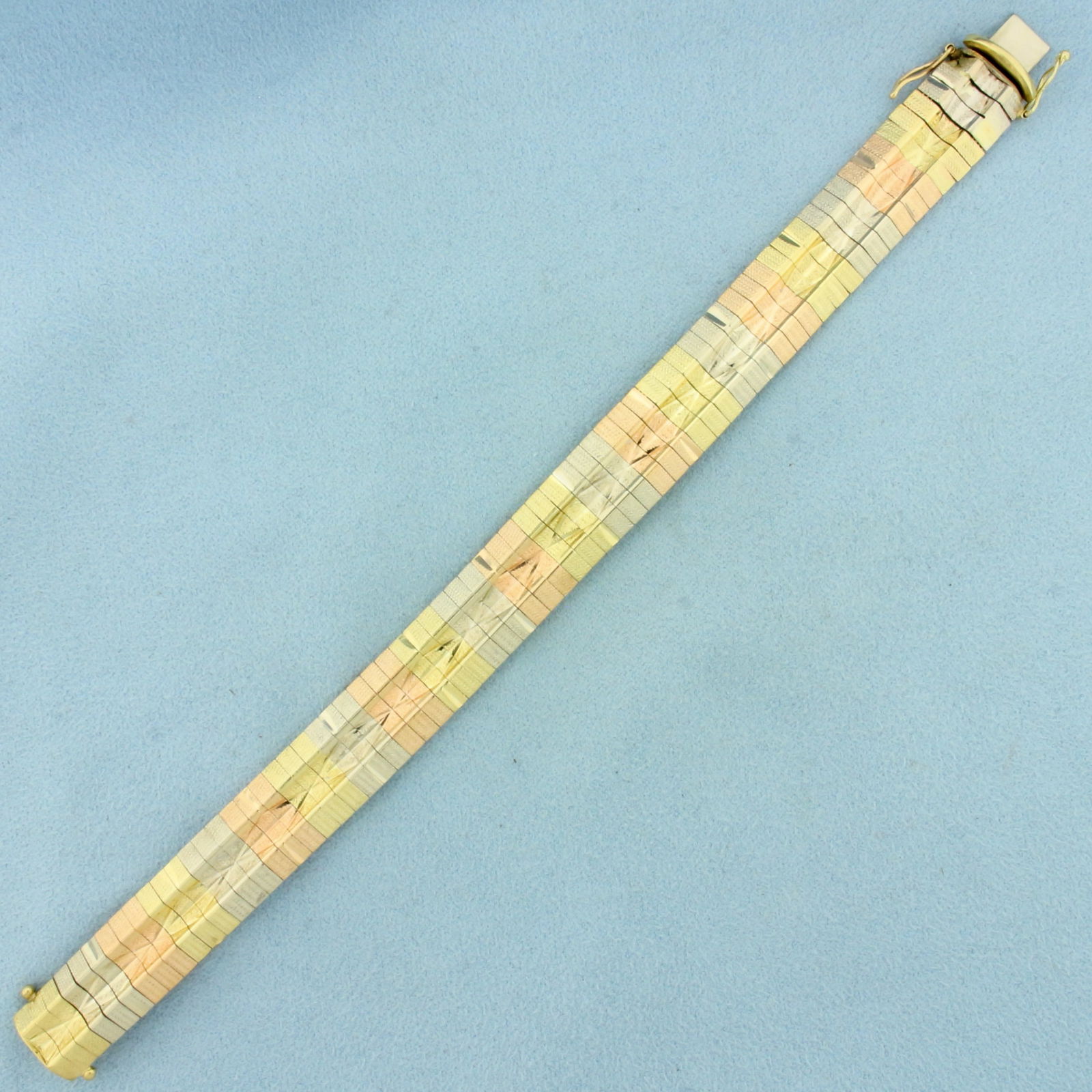 Tri Color Diamond Cut Omega Bracelet in 14k Yellow, Rose, and White Gold (1 of 2)
