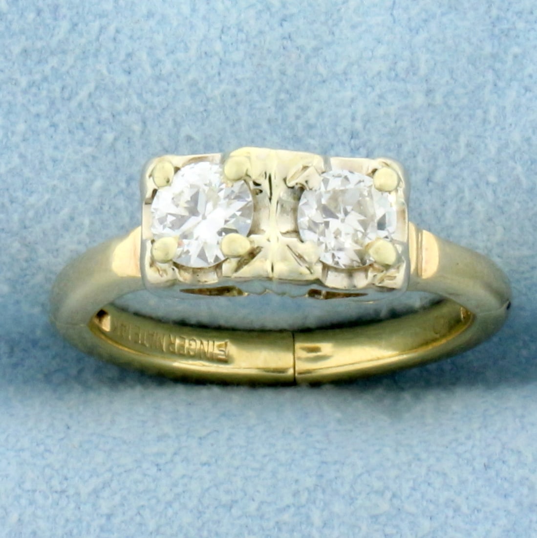 Vintage Two Stone Old European Cut Diamond Toi et Moi Ring with Expandable Shank in 14K Yellow Gold: In 14K Yellow Gold. Contains two high quality Old European Cut Diamonds, VS clarity/I color, 1/2ct TW. Shank expands to allow getting ring over knuckle. Size 3 1/2. 3.2g.
