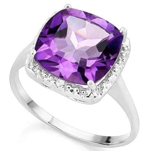Large Cushion Cut Amethyst and Diamond Halo Ring in Sterling Silver: In platinum over .925 sterling silver. Contains one 3.7ct cushion cut amethyst accented with two genuine diamonds, .01ctw. Size 6. 2.7g