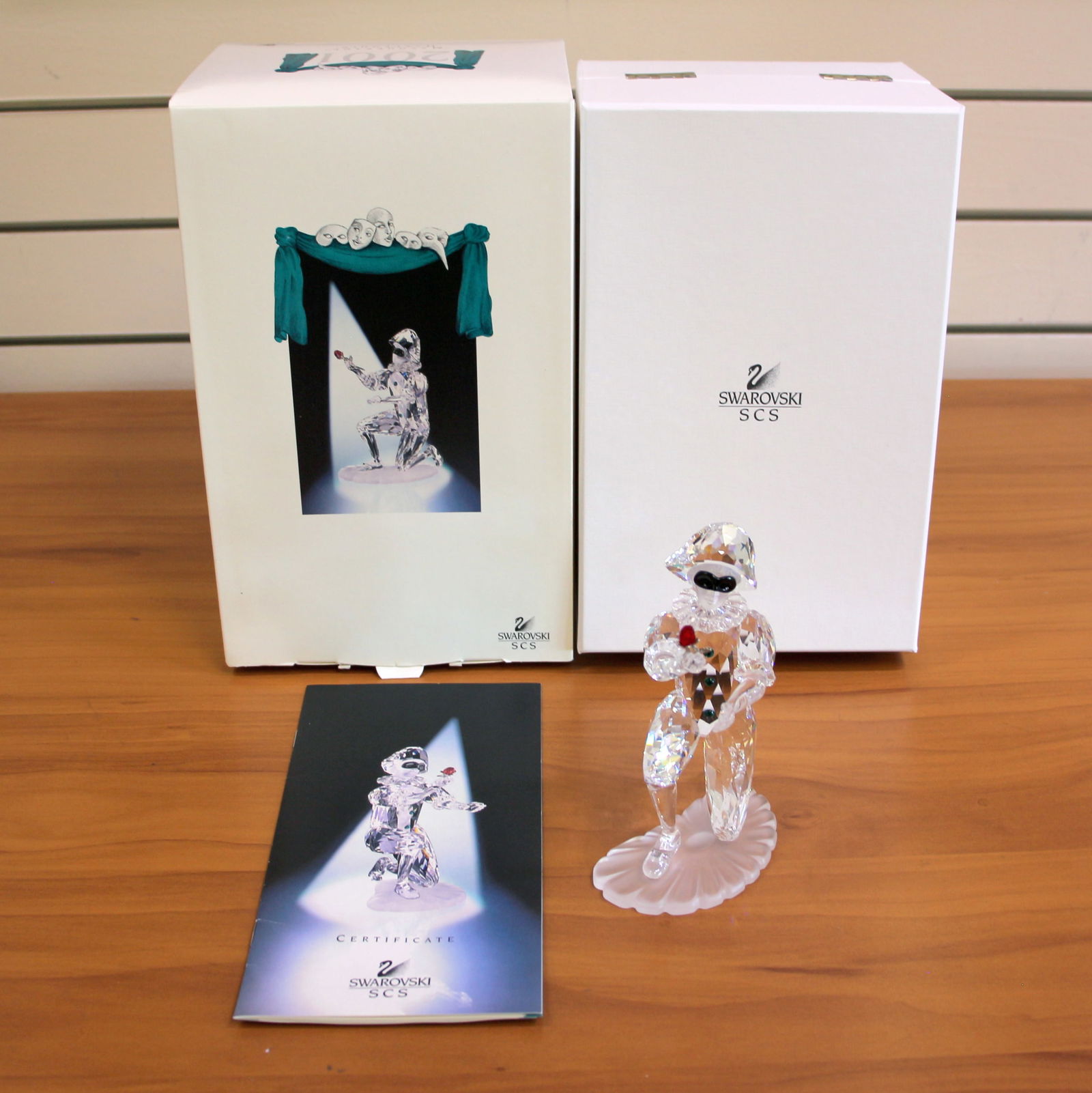 Swarovski Crystal 2001 254044 Harlequin with Rose with Box and COA: Excellent condition with original boxes and certificate. 5.5 inches by 3.5 inches.