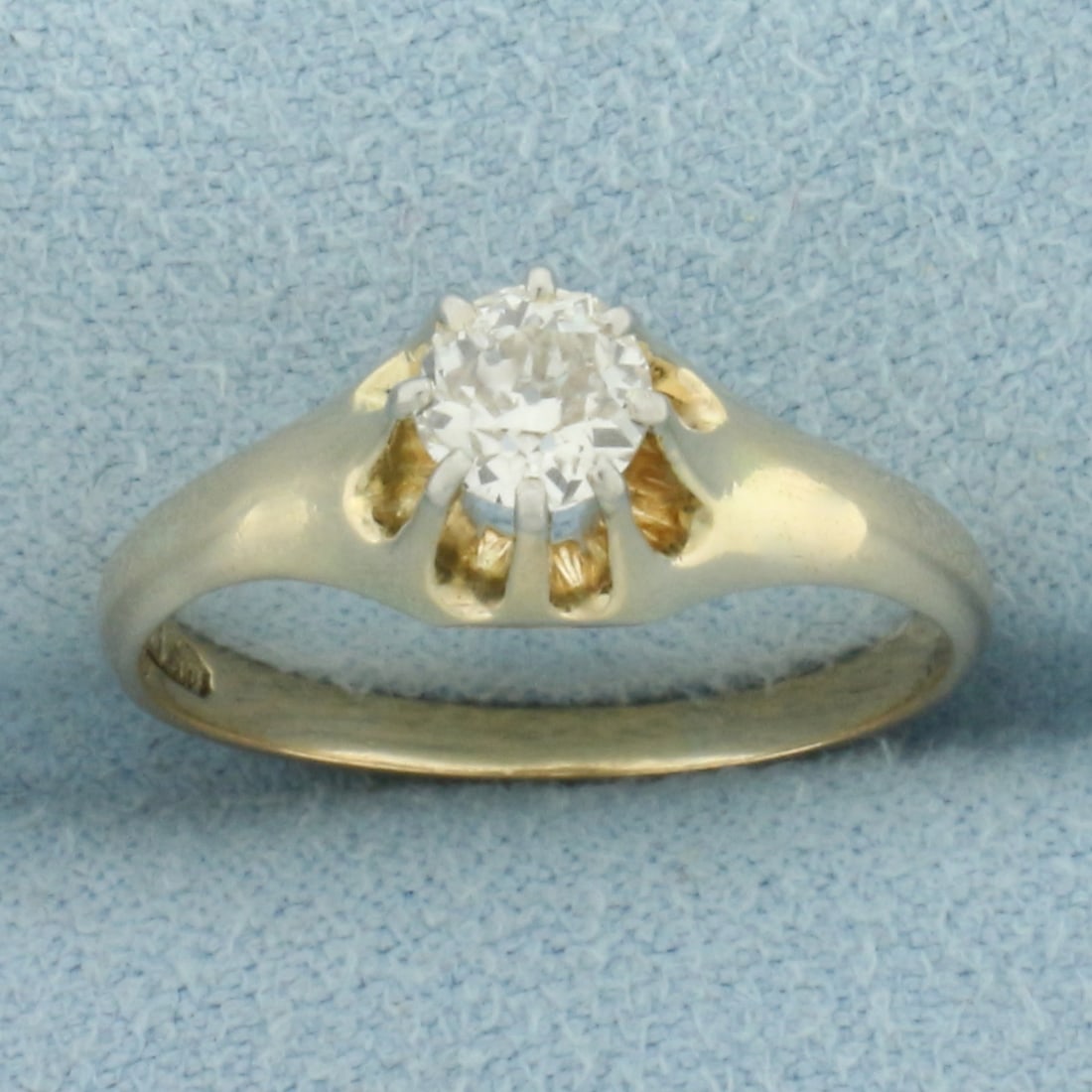 Antique Old European Diamond Buttercup Solitaire Engagement Ring in 14k Yellow Gold: In 14k Yellow Gold. Contains one 1/2ct high quality old European cut diamond, VS clarity/I color. 6.9mm wide at center of ring. Size 6.5. 2.6g.