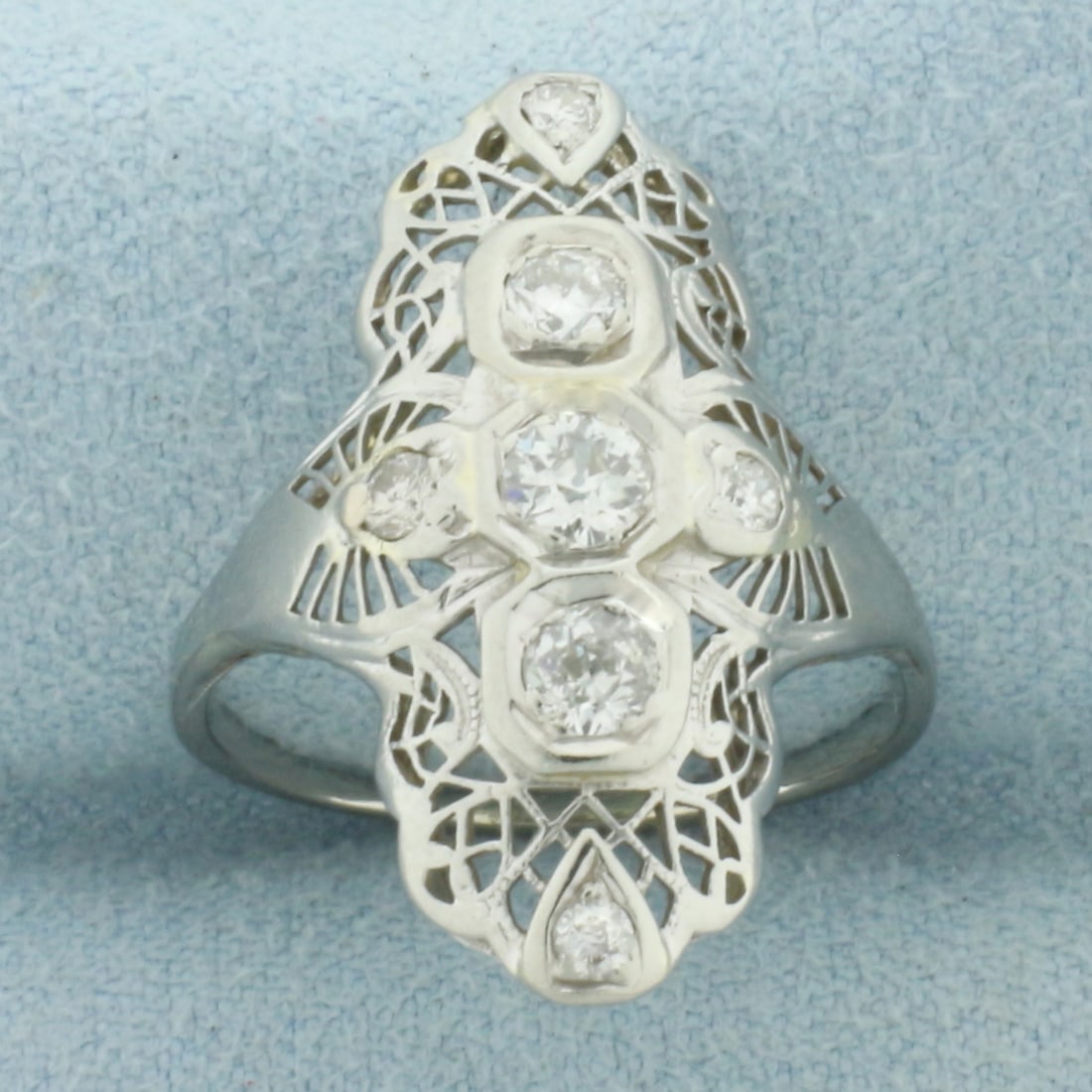 Antique Old European Cut Diamond Art Deco Filigree Ring in 14k White Gold: In 14k White gold. Contains one .2ct, two .15ct, and four .03ct high quality Old European diamonds, VS clarity/H color. 24mm wide at top of ring. Size 7. 3.0g.