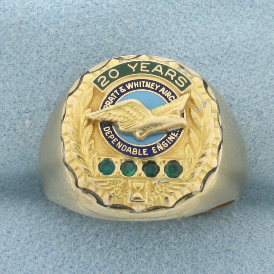 Mens Vintage Pratt and Whitney Aircraft Corporate Anniversary Ring in 10k and 14k Yellow Gold: In 14k Yellow Gold head with 10k Yellow Gold shank. Contains four natural high quality natural 1.5mm emeralds with intense color. 18.3mm wide at widest point. Size 10.5. 12.6g.