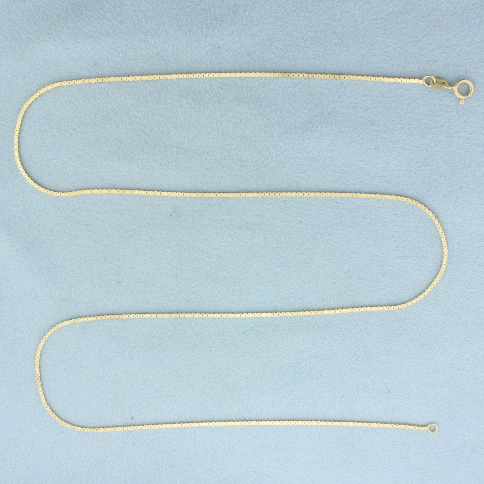 Italian 20 Inch Box Link Chain Necklace in 14k Yellow Gold: In 14k Yellow Gold. 20 inches long. 1.1mm wide. Made in Italy. Spring clasp. 4.1g.