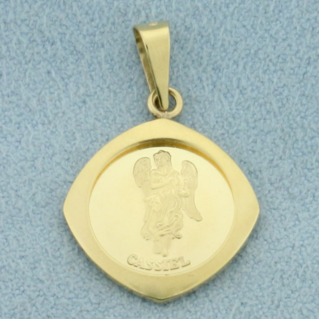 Archangel Cassiel Pendant or Charm in 14k Yellow Gold: In 14k Yellow Gold. 1 inch long (including bale). 5/8 inch wide. 1.9g.
