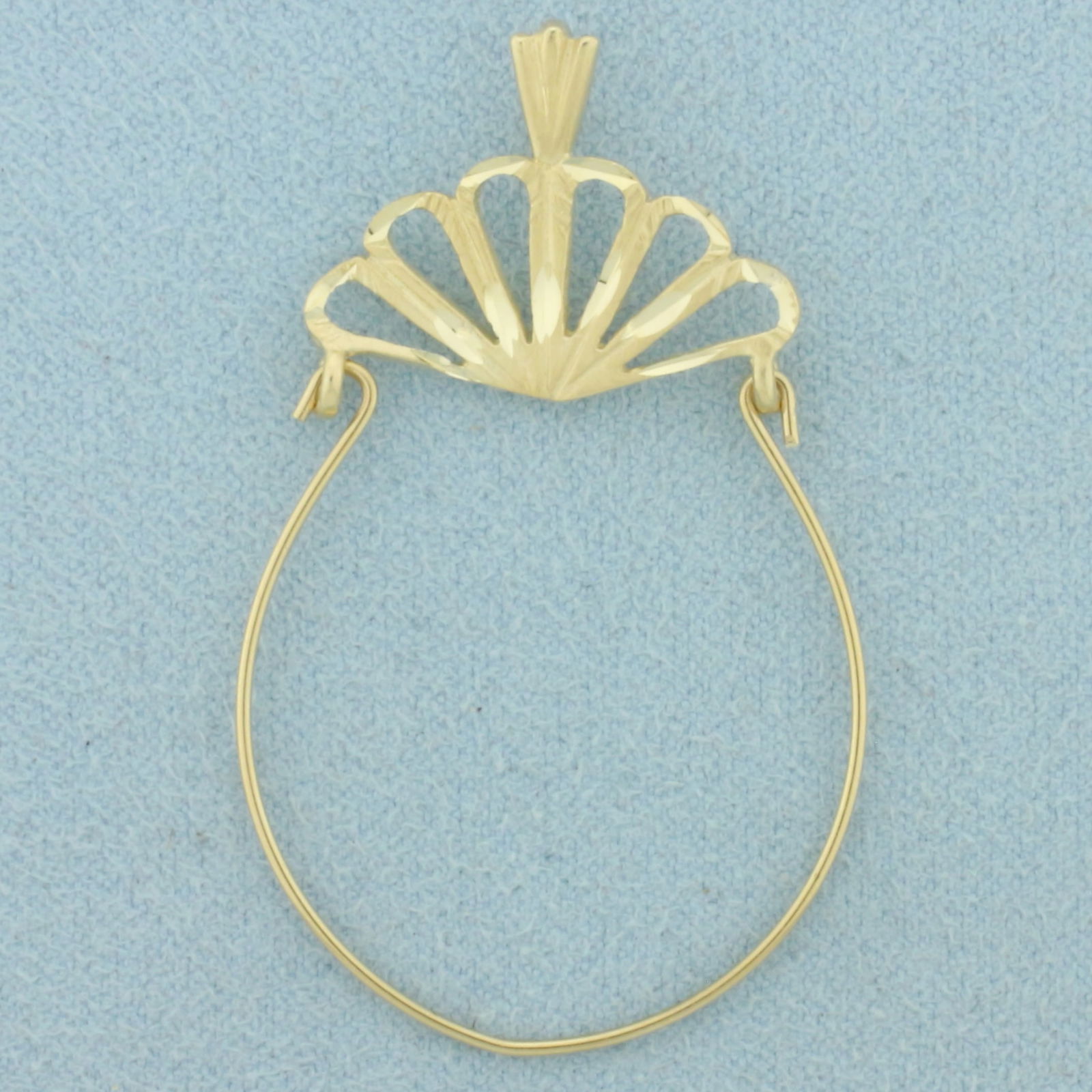 Fan Design Charm Holder Pendant in 14k Yellow Gold: In 14k Yellow Gold. 1 3/4 inch long. 1 1/8 inch wide. 2.0g.