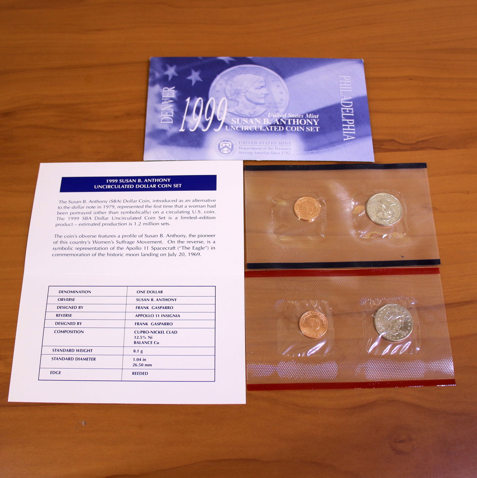 1999 US Mint Susan B. Anthony Uncirculated Coin Set OGP: Contains one 1999 Uncirculated Denver Mint Susan B. Anthony Coin Set. Also contains one 1999 Uncirculated Philadelphia Mint Susan B. Anthony Coin Set. Set in original government envelope and contains