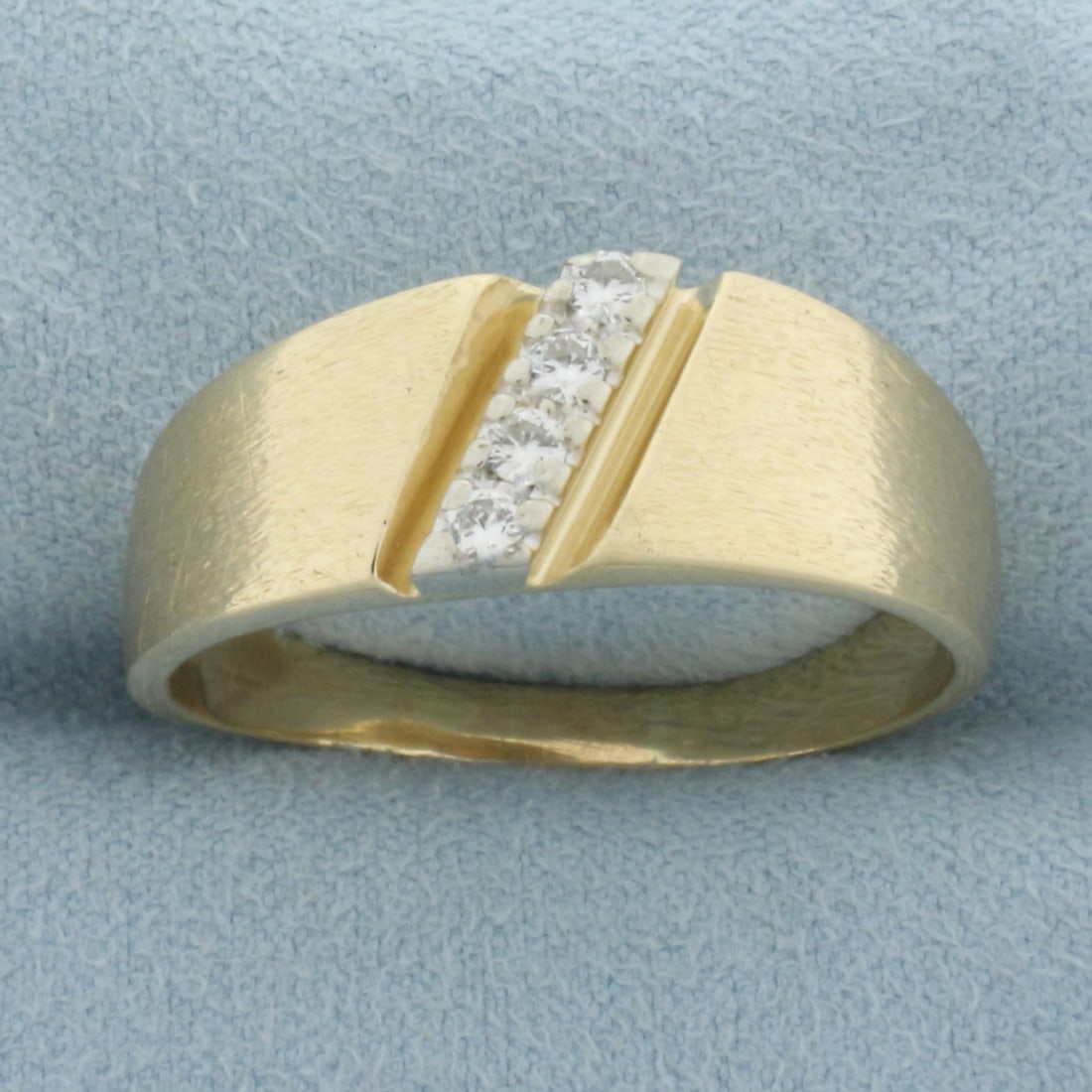 Mens Brushed Finish Diamond Gold Ring in 14k Yellow Gold: In 14k yellow gold. Contains four high quality .05ct round brilliant cut diamonds, VS clarity/G color. 9mm wide at top. Brushed finish on top of ring, high polish on back. Size 13. 8.5g.