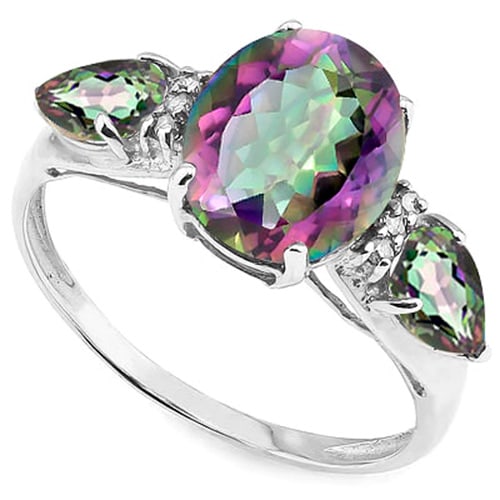 3-Stone Mystic Topaz with Diamond Accent Ring in Sterling Silver: In platinum over .925 sterling silver. Contains one 2.4ct mystic topaz in the center, accented with two mystic topaz pear cut gems on the side, 0.7ctw. Also contains two genuine diamonds, .01ctw. Size