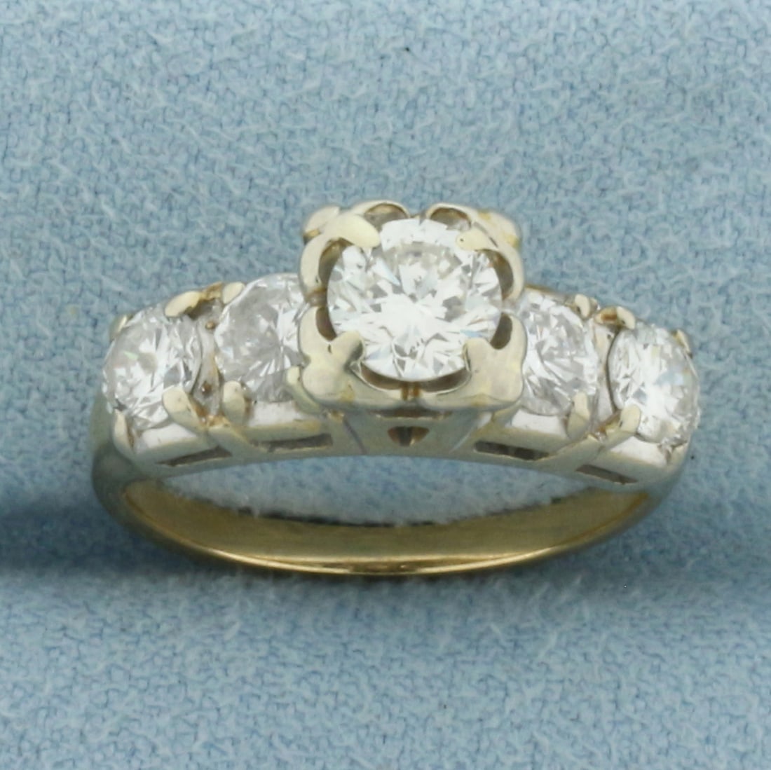 5 Stone Diamond Engagement or Wedding Ring in 14k Yellow Gold: In 14k Yellow Gold. Contains one .55ct high quality round brilliant diamond, SI clarity/H color, great cut for added brilliance. Also contains four 1/4ct high quality round brilliant diamonds, I