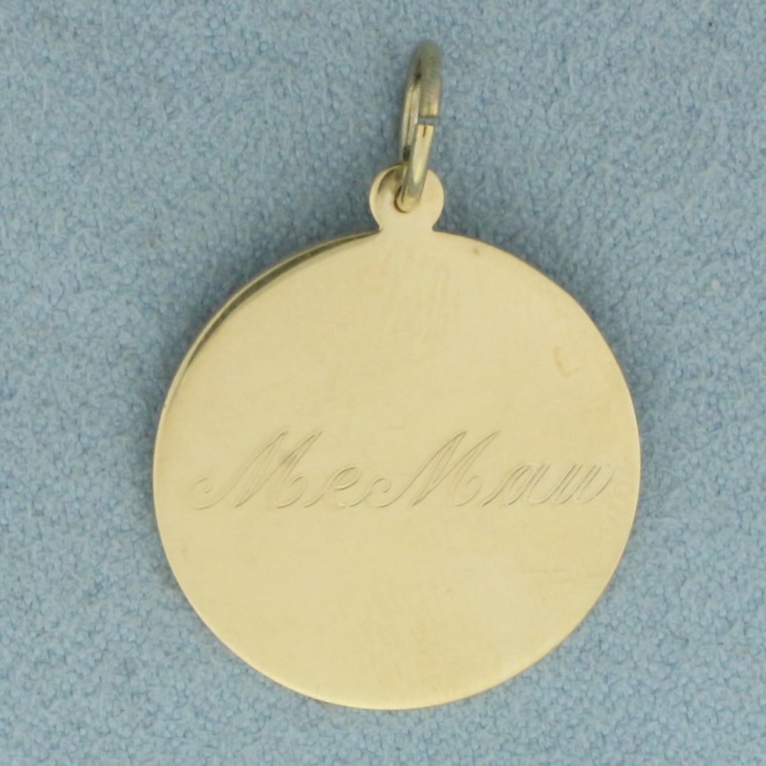 Engravable MeMaw Disc Charm in 14k Yellow Gold: In 14k Yellow Gold. 1 inch long (including bale). 3/4 inch wide. Can engrave name or date on back. 3.6g.