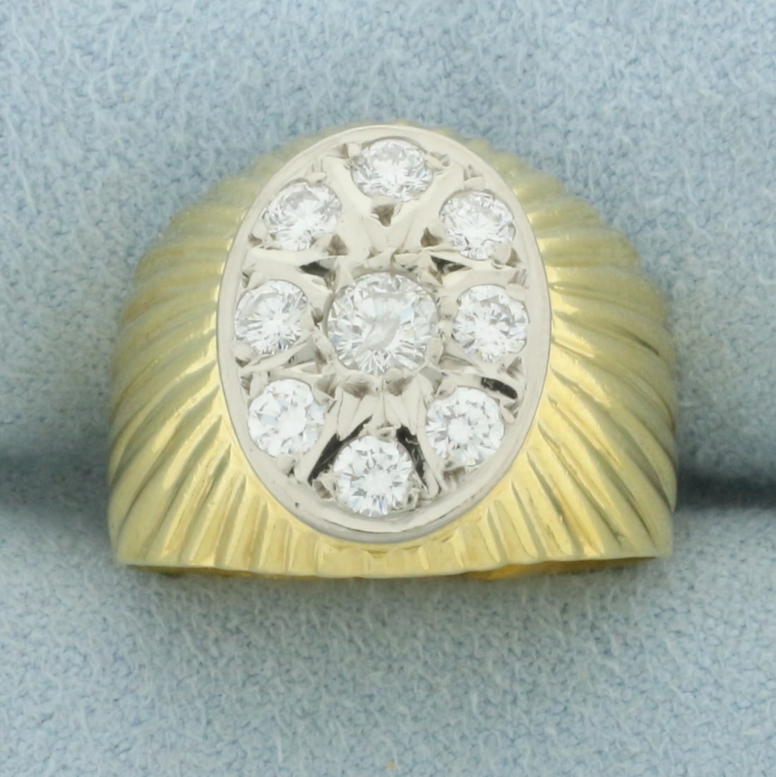 Italian Diamond Bulls Eye Target Design Ring in 18k Yellow Gold: In 18k yellow gold. Italian made. Contains one 1/5ct diamond and eight 1/10ct diamonds, 1ct TW, SI clarity/F color. Size: 7.5. 7.0g.