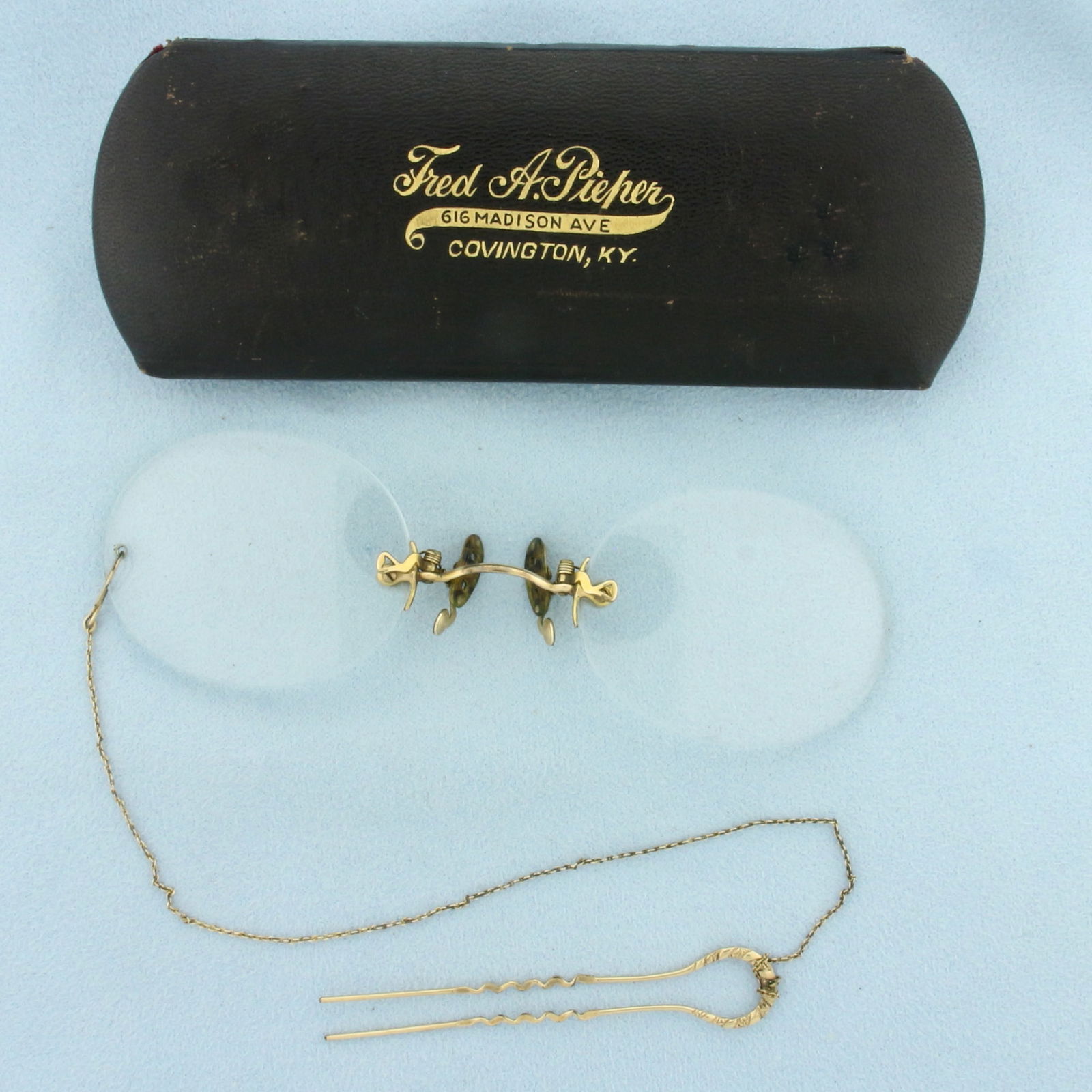 Antique Pince Nez Glasses Spectacles with Hair Pin and Case: Antique Reading glasses. With original box from Fred A. Pieper, Covington KY.