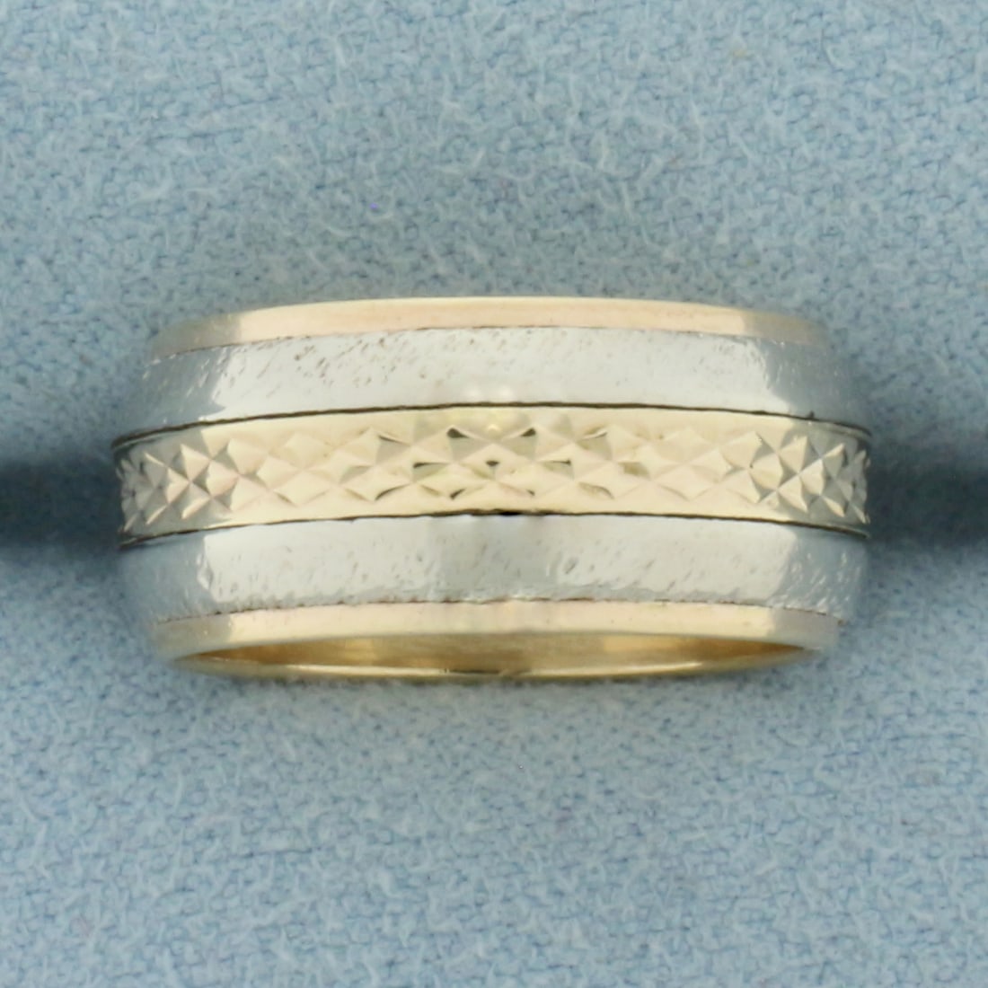 Vintage Artcarved Two Tone Wedding Band Ring in 14k Yellow and White Gold: In 14k Yellow and White Gold. 8.5mm wide. Size 6. 6.8g.
