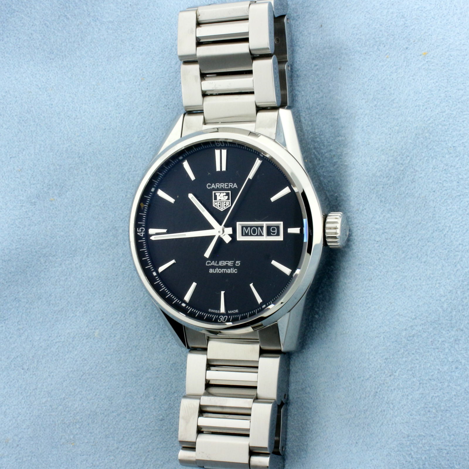 Mens Tag Heuer Carrera Calibre 5 Day-Date Automatic Watch: In stainless steel. Like new condition. With box, papers, extra link. 41mm case. Automatic movement runs great. Model WAR201A.BA0723.