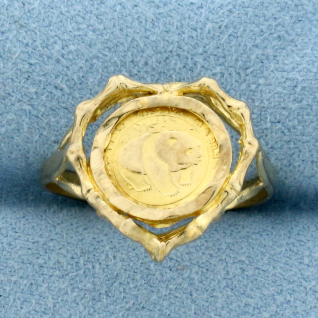 Bamboo Heart Panda Coin Ring in 10k Yellow Gold: In 10k Yellow Gold. 15.5mm long at top of ring. Size 8. 2.0g.