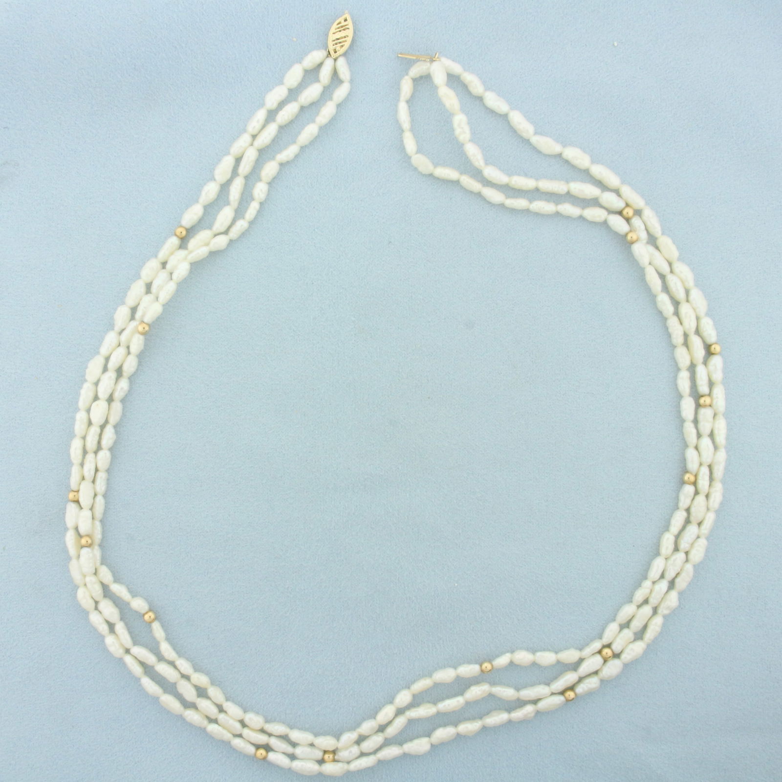 Triple Strand Baroque Pearl and Gold Bead Necklace in 14k Yellow Gold (1 of 3)