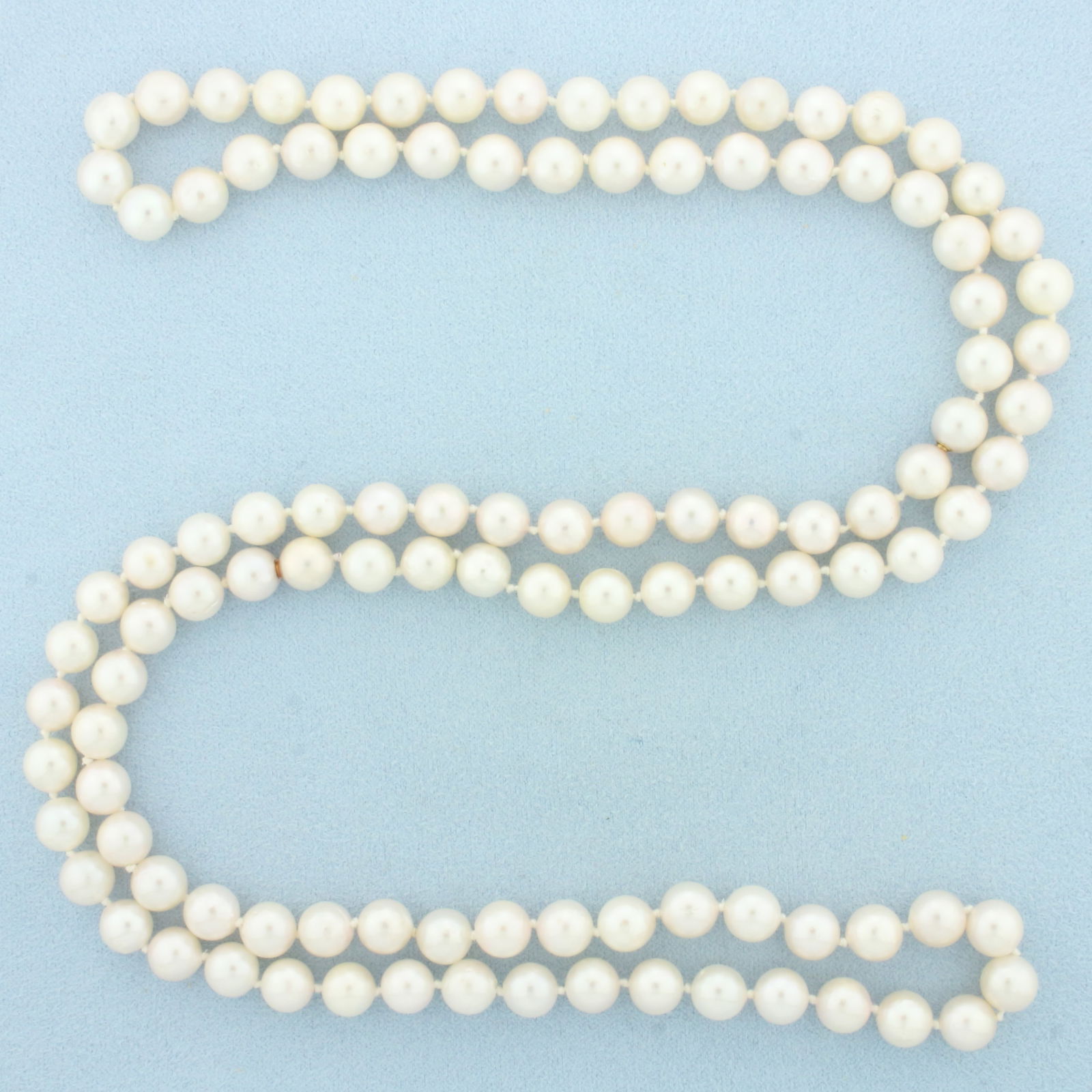 34 Inch Cultured Akoya Pearl Strand Necklace: Contains 7-7.25m high quality Cultured Akoya Pearls with high luster. 34 inches long.