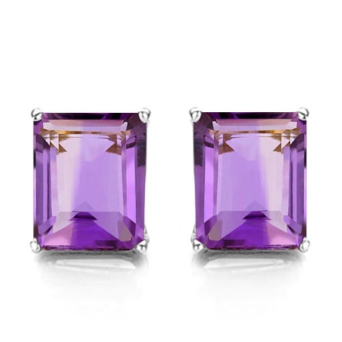 6x8 Emerald Cut Amethyst Earrings in Sterling Silver: In platinum over .925 sterling silver basket mountings with friction backs included. Contains 2 emerald cut Amethyst gemstones with excellent color and clarity, approx. 2.8CTW, 6x8mm each. 1.8g