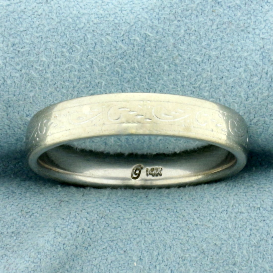 Mens Vintage Engraved Wedding Band Ring in 14k White Gold: In 14k White Gold. 4.6mm wide. Comfort fit. Size 13. 6.9g.