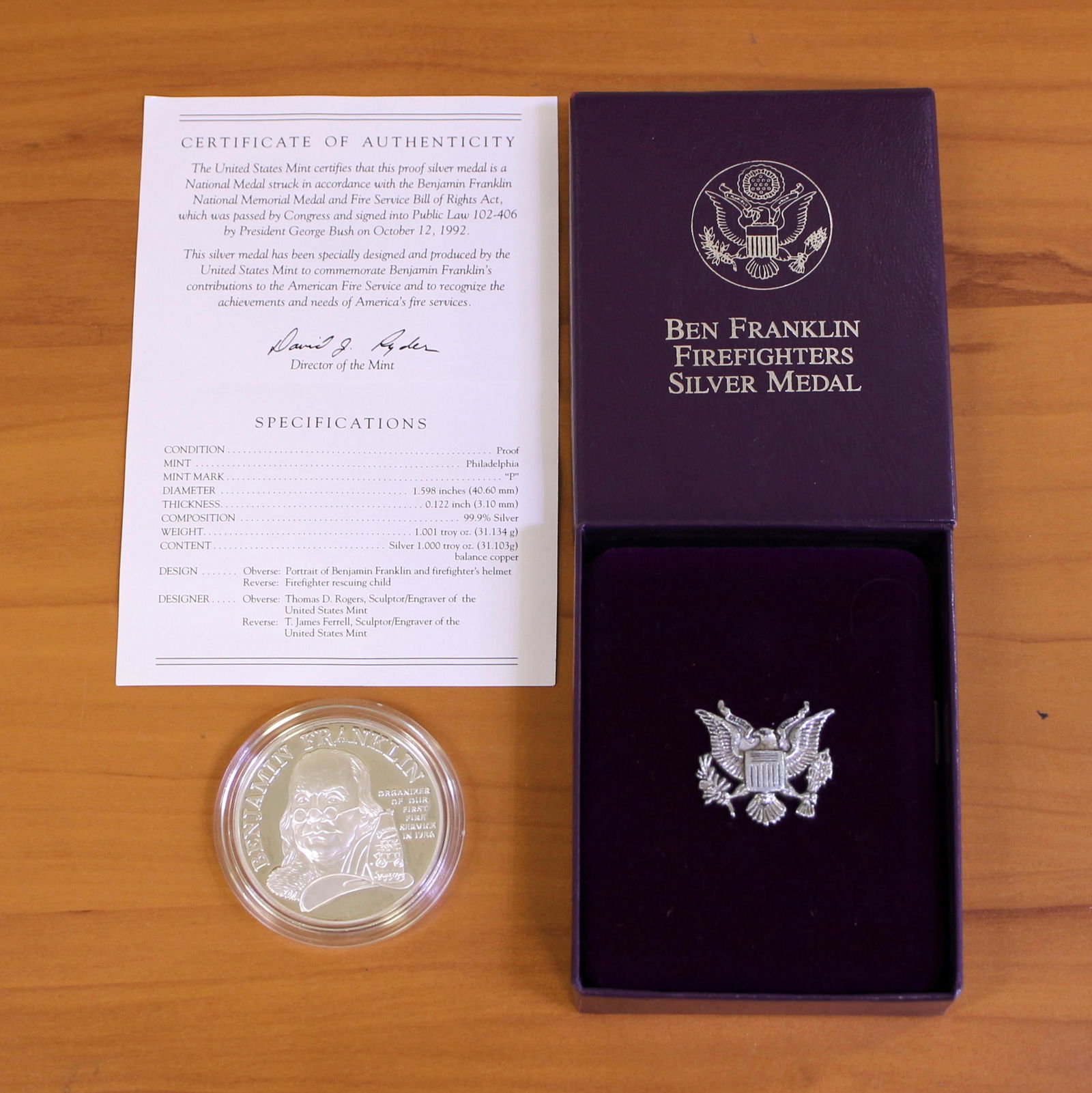 US Mint Ben Franklin Firefighters 1oz Silver Medal OGP (1 of 3)
