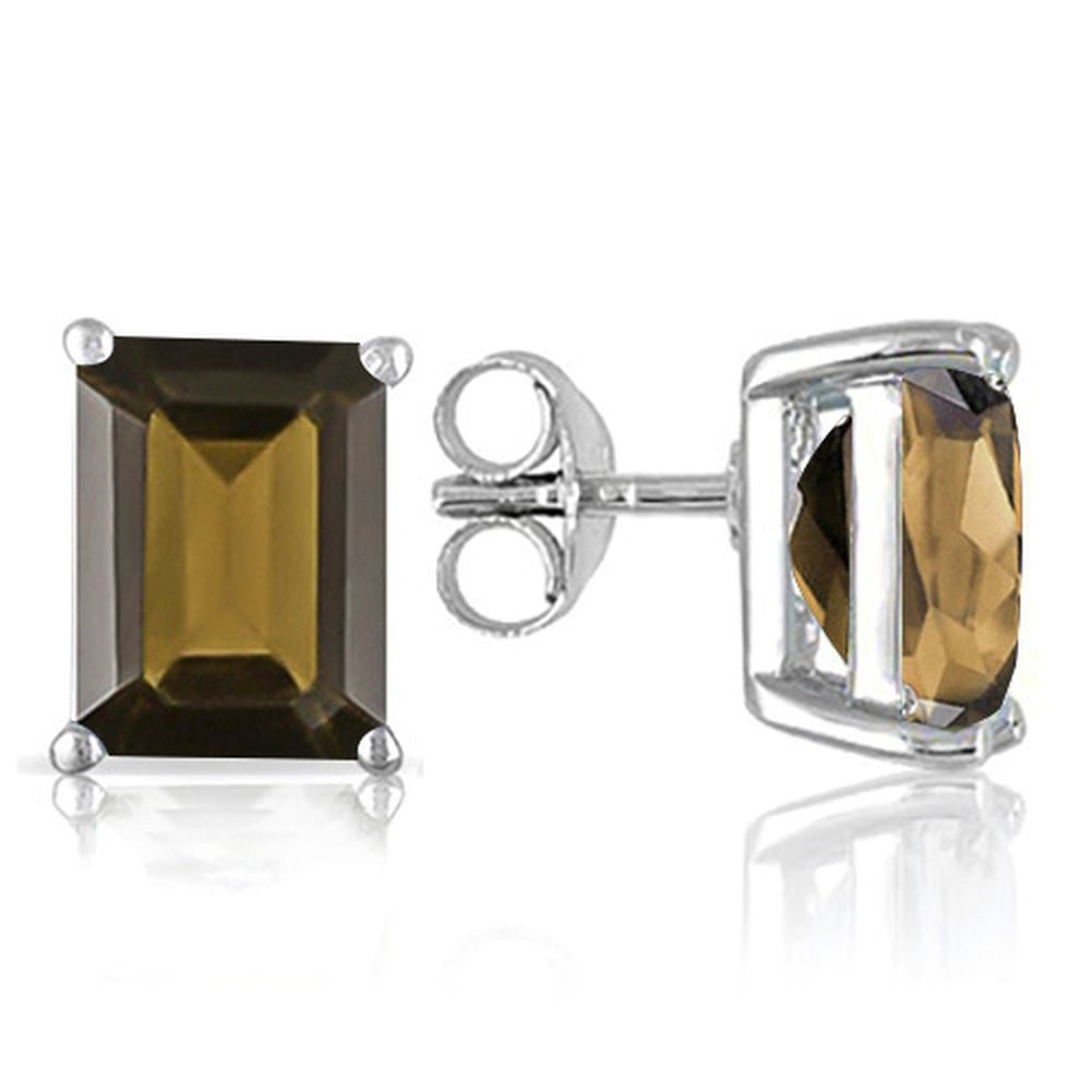 6X4MM Emerald Cut Smoky Quartz 1.2CTW Stud Earrings in Sterling Silver: In platinum over .925 sterling silver basket mountings with friction backs included. Contains 2 emerald cut smoky quartz gemstones with excellent color and clarity, approx. 1.2CTW, 6x4mm each. 1.0g