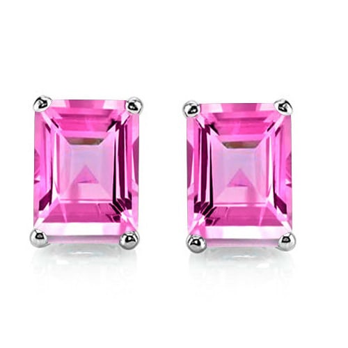 5x7 Emerald Cut Lab Pink Sapphire Earrings in Sterling Silver: In platinum over .925 sterling silver basket mountings with friction backs included. Contains 2 emerald cut Lab Pink Sapphire gemstones with excellent color and clarity, approx. 2.5CTW, 5x7mm each.