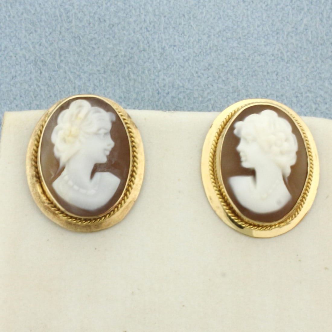 Italian Hand Carved Cameo Earrings in 14k Yellow Gold: In 14k Yellow Gold. 5/8 inch long. 1/2 inch wide. Italian made. Friction backs. 3.1g.