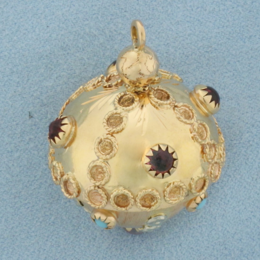 3D Gemstone Sputnik Orb Charm Or Pendant in 18K Yellow Gold: In 18k yellow gold. 1.125 inches long by 1 inch wide. Contains one 5.5mm high quality Pink Quartz gemstone with vibrant color. Also contains four high quality 3mm Persian Turquoise gemstones with exce