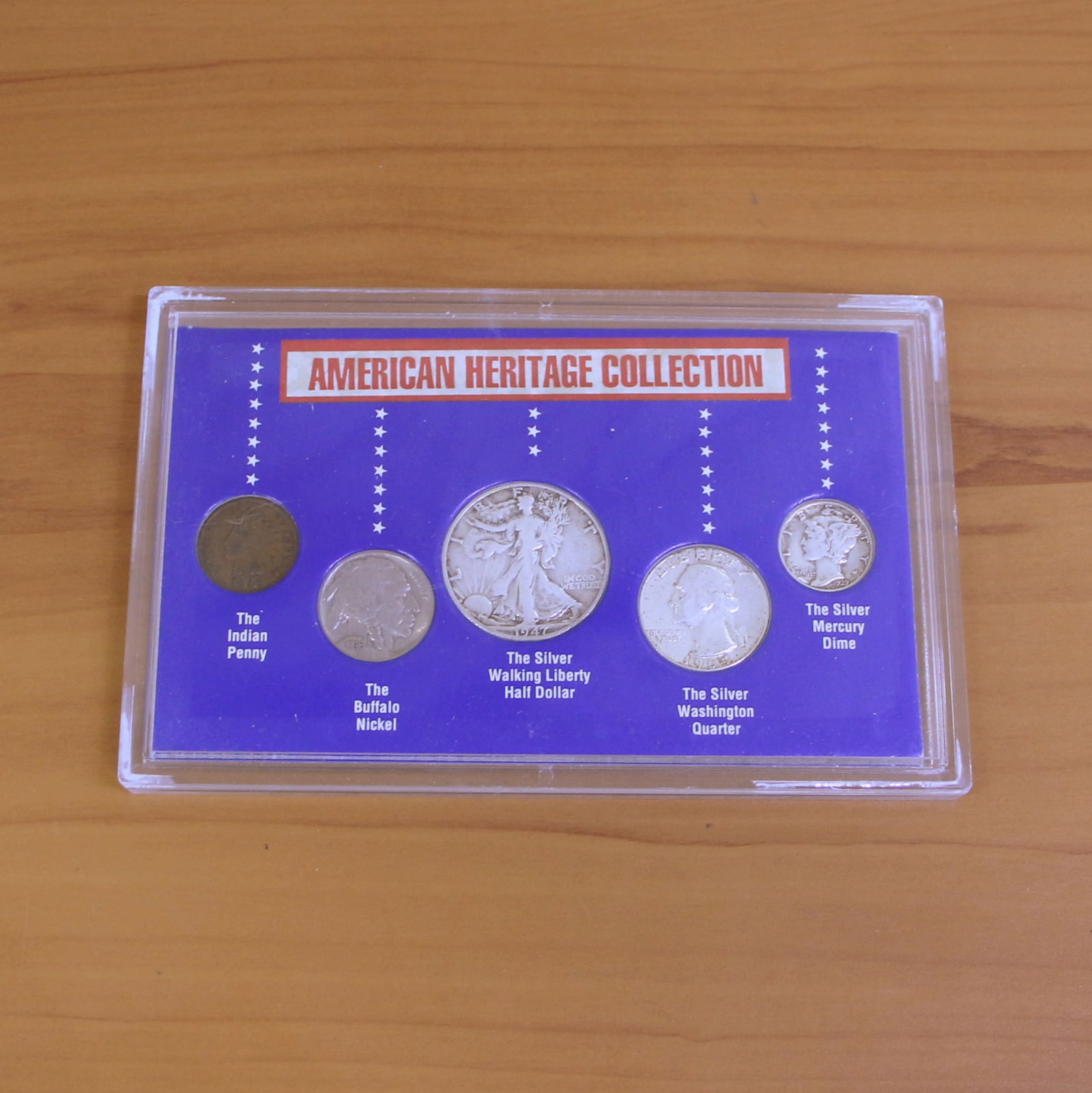 US Mint American Heritage Collection Coin Set: contains: 1899 Indian Penny, 1936 Buffalo Nickel, 1939 90% Silver Mercury Dime, 1964 90% Silver Washington Quarter, and 1947 90% Silver Walking Liberty Half Dollar. Set in packaging and contains